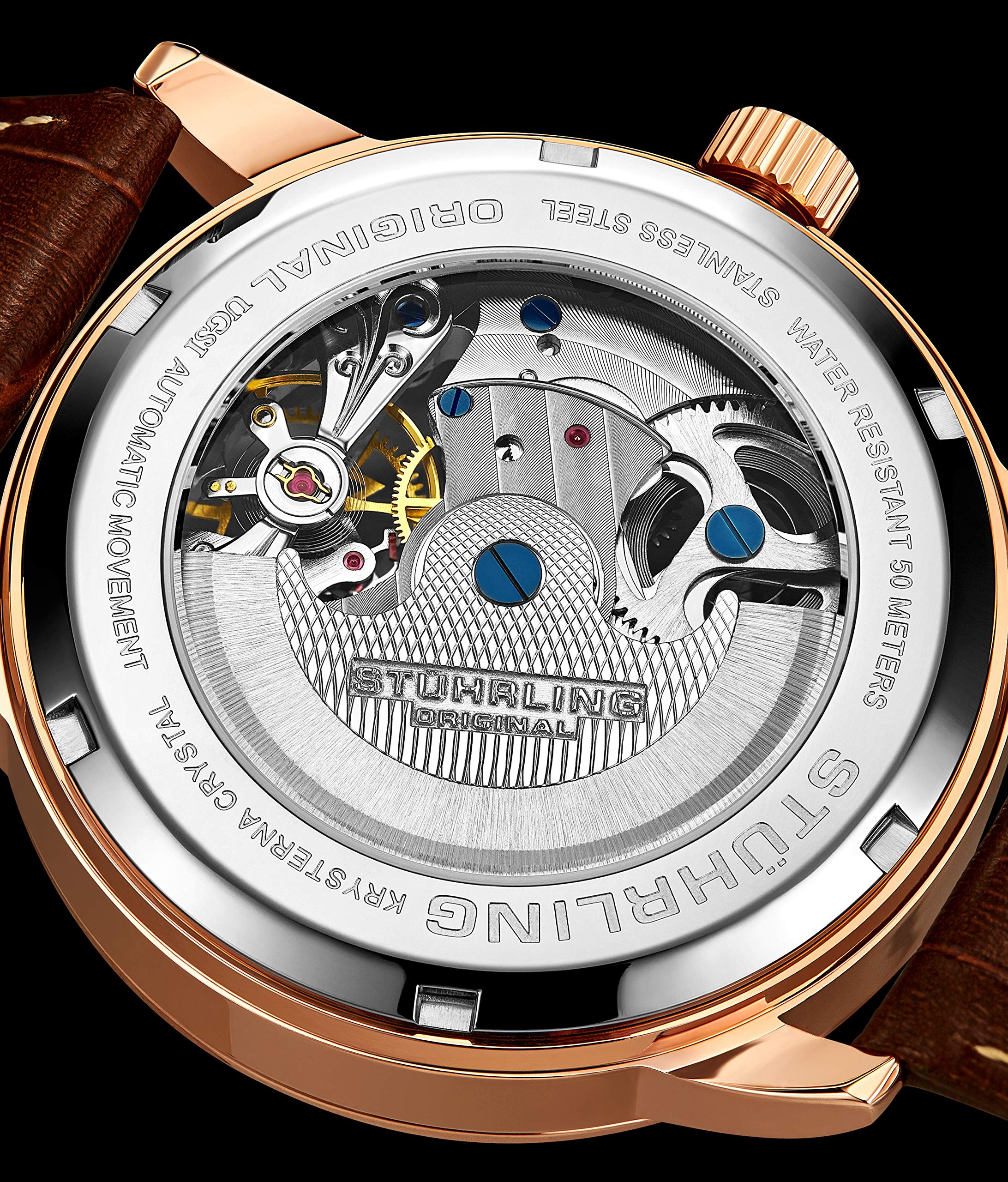 Stührling Original Men's Skeleton Automatic Watch with Dual Time, AM/PM Sun Moon Display & Genuine Leather Band - Luxury Legacy Collection for Business, Formal Events & Gift Giving