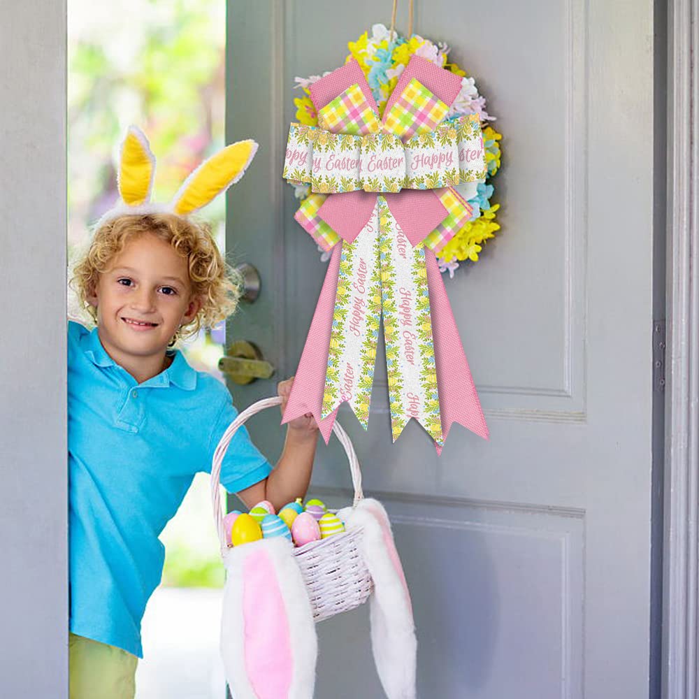 Large Easter Bows for Wreaths - White, Pink Burlap & Yellow Buffalo Plaid Bows - Spring Holiday Decor for Front Door, Easter Tree Topper, Party & Wreath Decoration