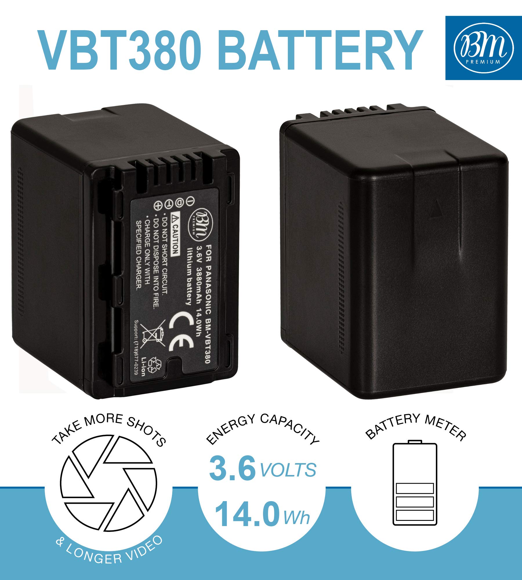 BM Premium 2-Pack VW-VBT380 Replacement Batteries for Panasonic HC-V800K HC-VX1K HC-WXF1K Camcorders - Long Lasting Power for Travel Vlogging & Family Events