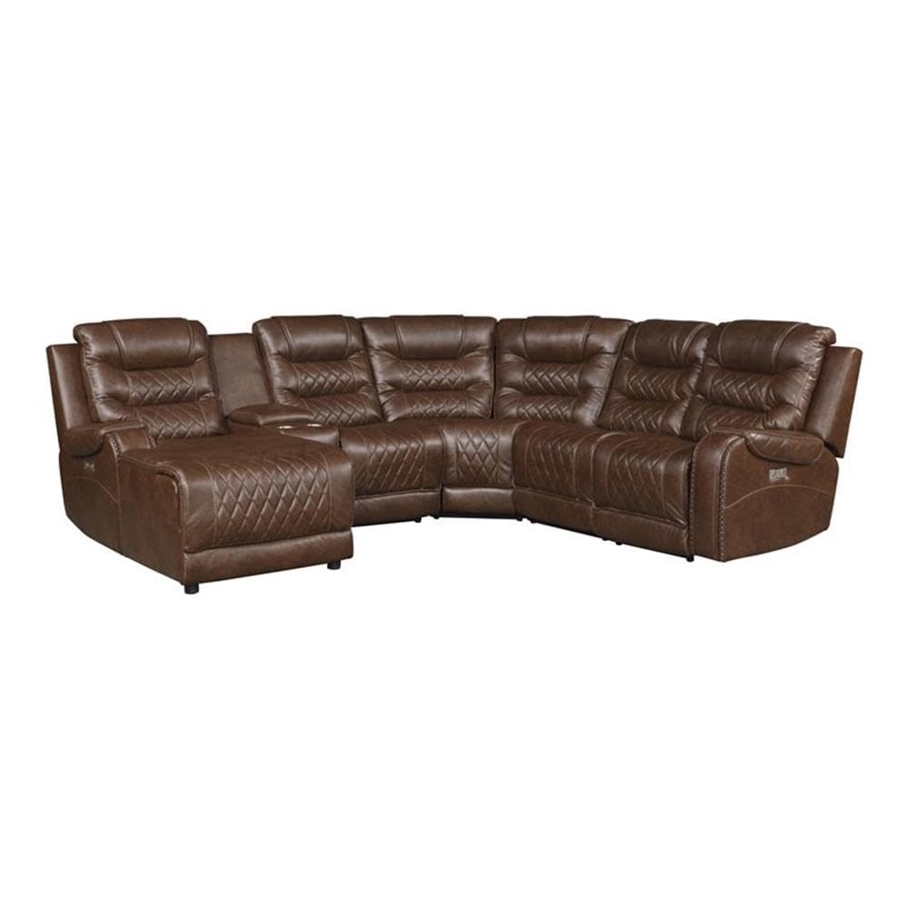 Lexicon Putnam 6-Piece Power Reclining Sectional Sofa with Left Chaise in Brown Leather - Perfect for Living Room, Home Theater & Family Gatherings