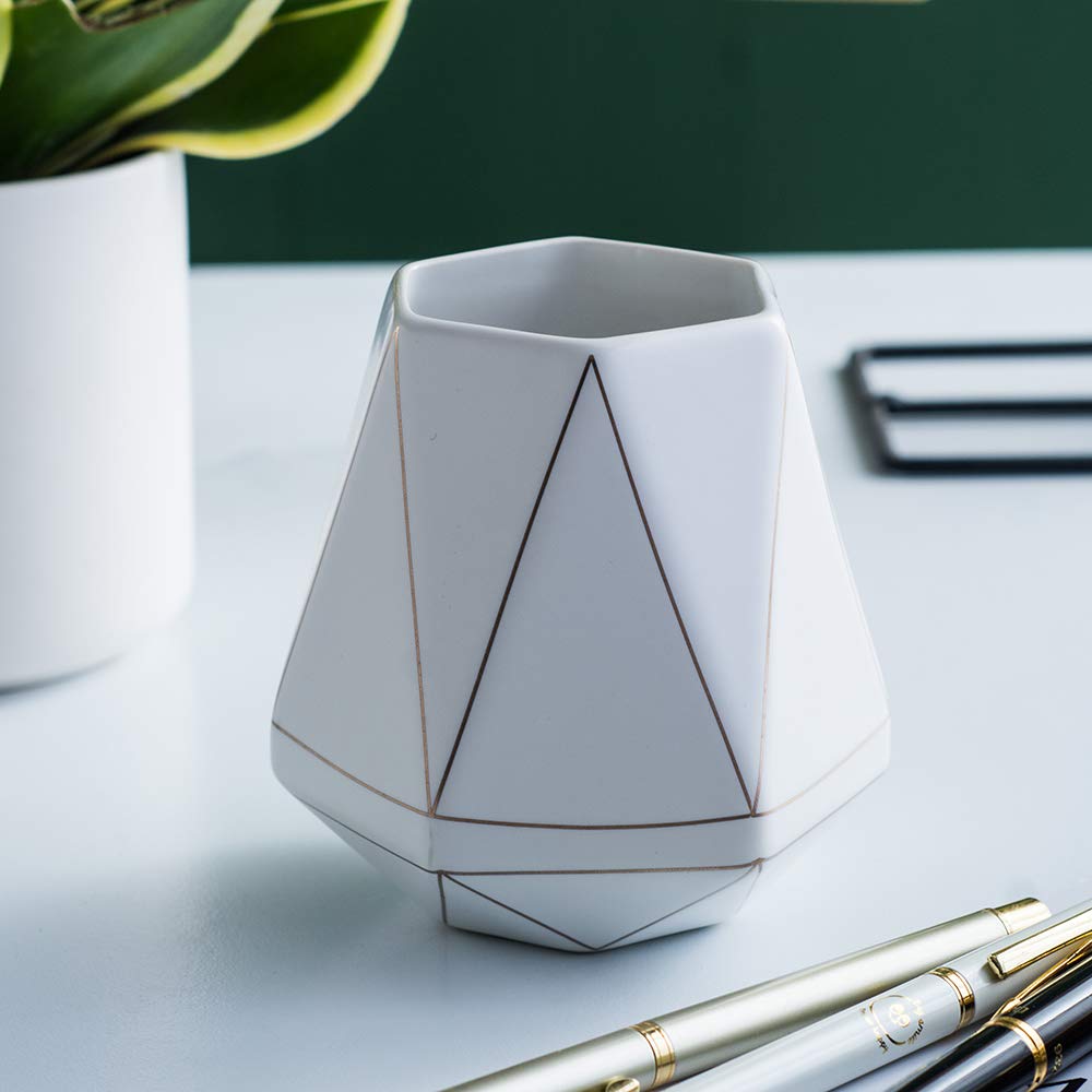 Elegant White Ceramic Pen Holder with Gold Line - Stylish Desk Organizer for Pens, Pencils & Makeup Brushes | Perfect for Office, Study & Vanity Decor