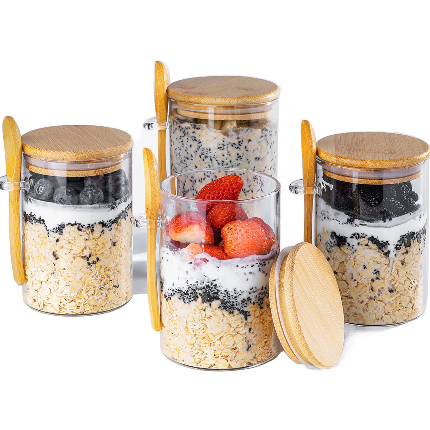 16oz Glass Overnight Oats Containers with Lids - 4 Pack Meal Prep Jars for Oatmeal, Yogurt & Pudding | BPA-Free Reusable Breakfast Storage Containers | Perfect for Healthy Meal Prep, Office Lunch & On-the-Go Snacks