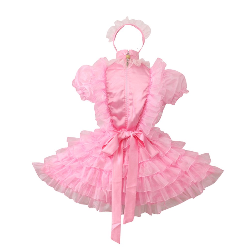 Sexy Pink Satin French Maid Costume with Lockable Design - Women's Crossdress Lingerie Dress for Cosplay, Role Play & Halloween Parties