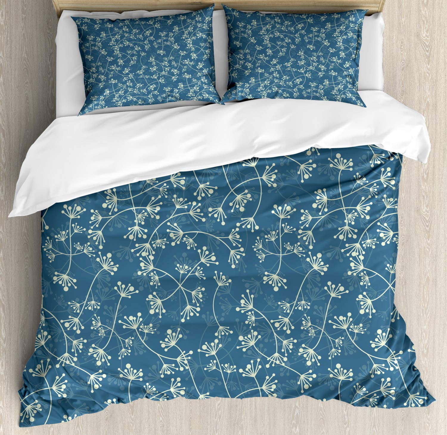 Ambesonne Floral Duvet Cover Set King Size 2-Pack - Nature Inspired Twig & Petal Design in Pale Green & Slate Blue | Includes 2 Duvet Covers & 4 Pillowcases | Perfect for Spring Bedroom Decor, Guest Room Makeover & Cozy Home Styling
