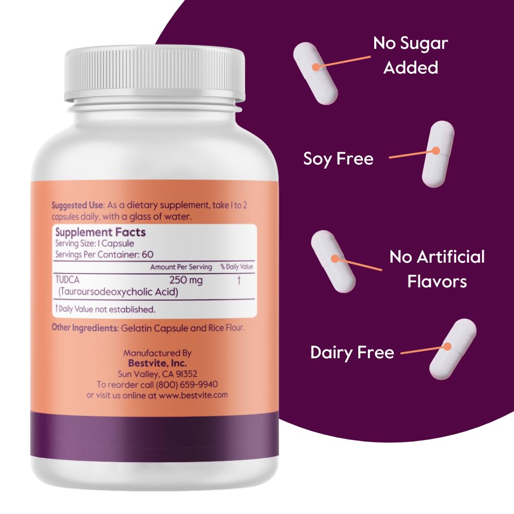 BESTVITE TUDCA 250mg (60 Capsules) - Tauroursodeoxycholic Acid Supplement - No Stearates, Gluten Free, Non-GMO - Supports Liver Health & Digestion - Perfect for Detox & Wellness Routine
