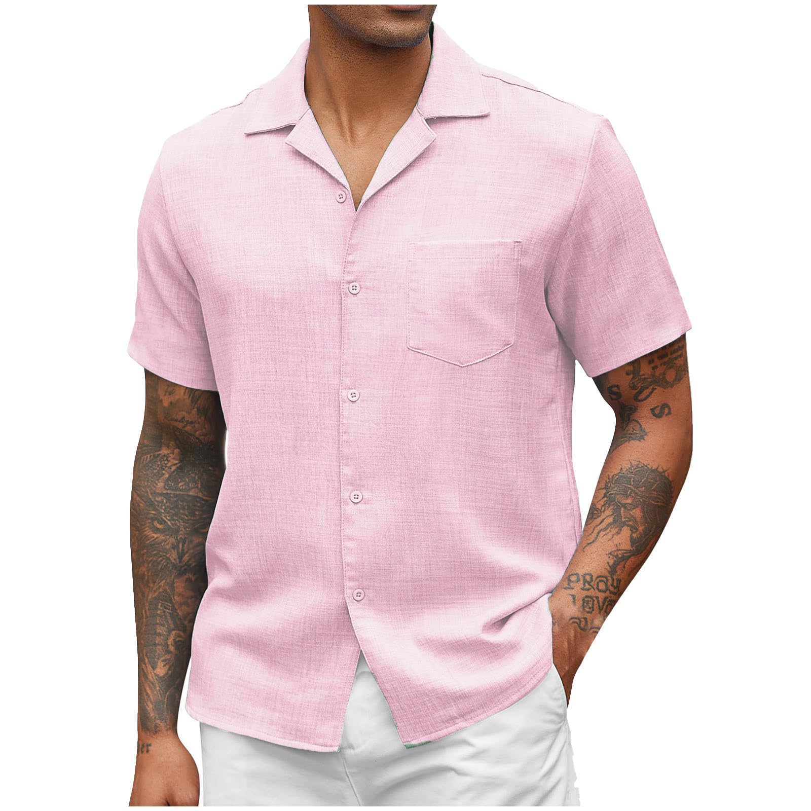 Men's Casual Short Sleeve Linen Button-Down Shirt - Breathable Summer Tee for Beach, Resort & Outdoor Wear | Relaxed Fit No-Tuck Dress Shirt