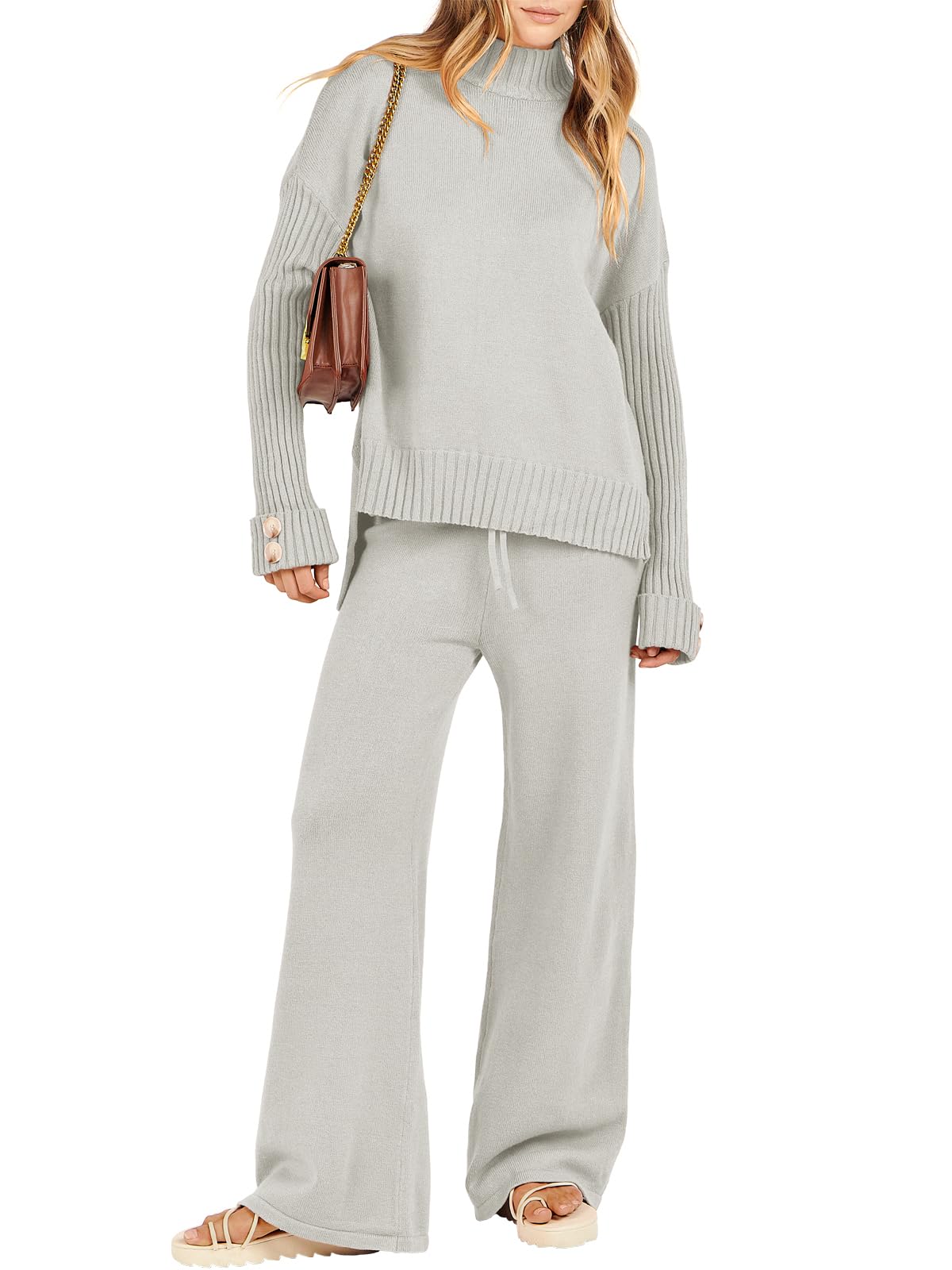 Caracilia Women's 2-Piece Sweater Set - Long Sleeve Knit Pullover Top & Wide Leg Pants | 2023 Fall Winter Lounge Outfit for Casual Wear, Home Comfort & Street Style