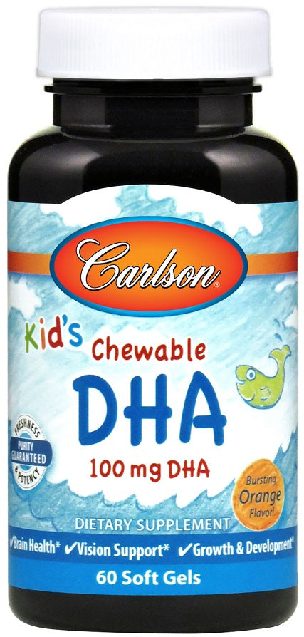 Carlson Labs Kid's Chewable DHA 100mg Orange Flavor - 60 Softgels for Brain Development & Immune Support - Perfect for Kids' Daily Nutrition & School Performance
