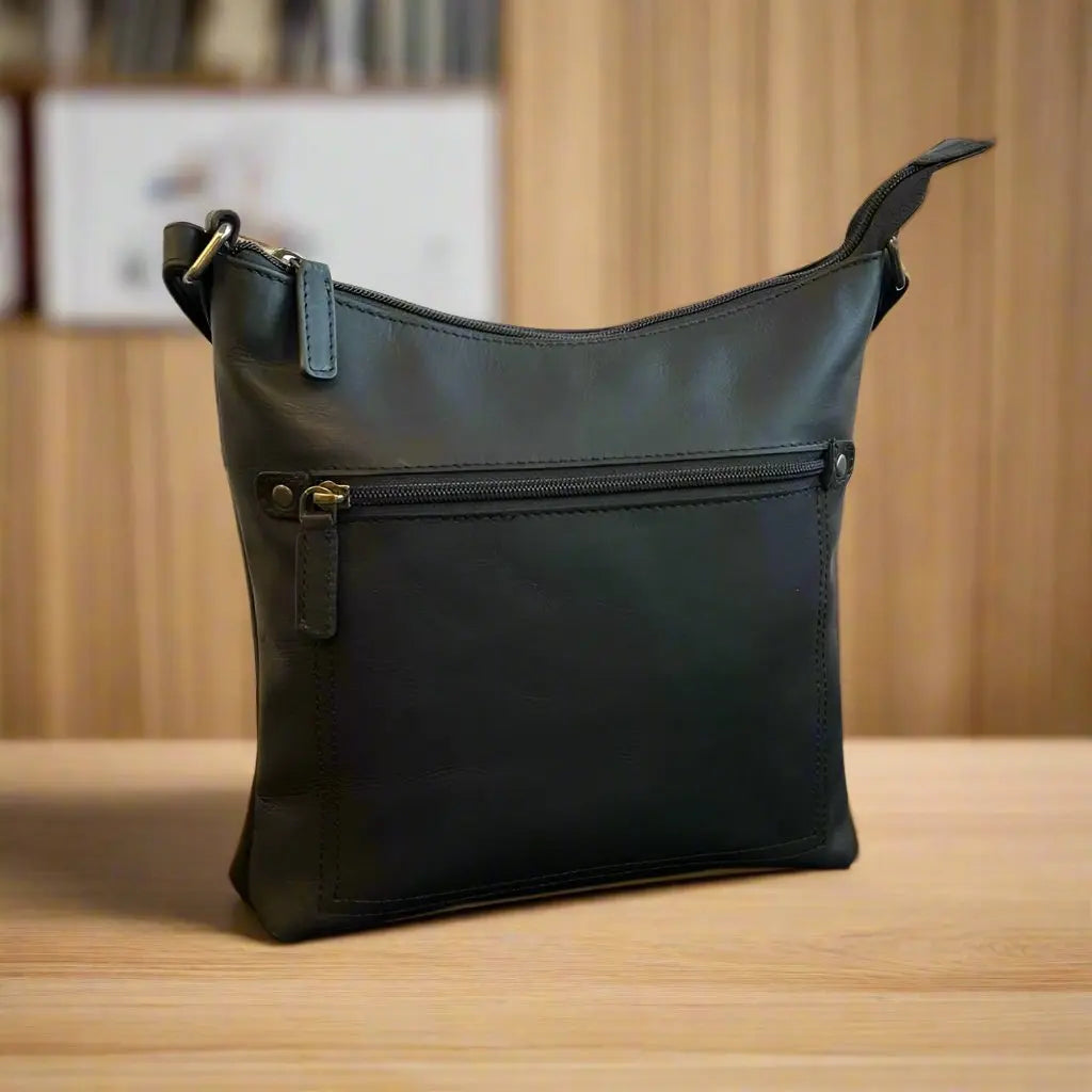 Durable Full Grain Leather Small Crossbody Bag with Front Zipper - Perfect for Travel, Shopping & Everyday Use