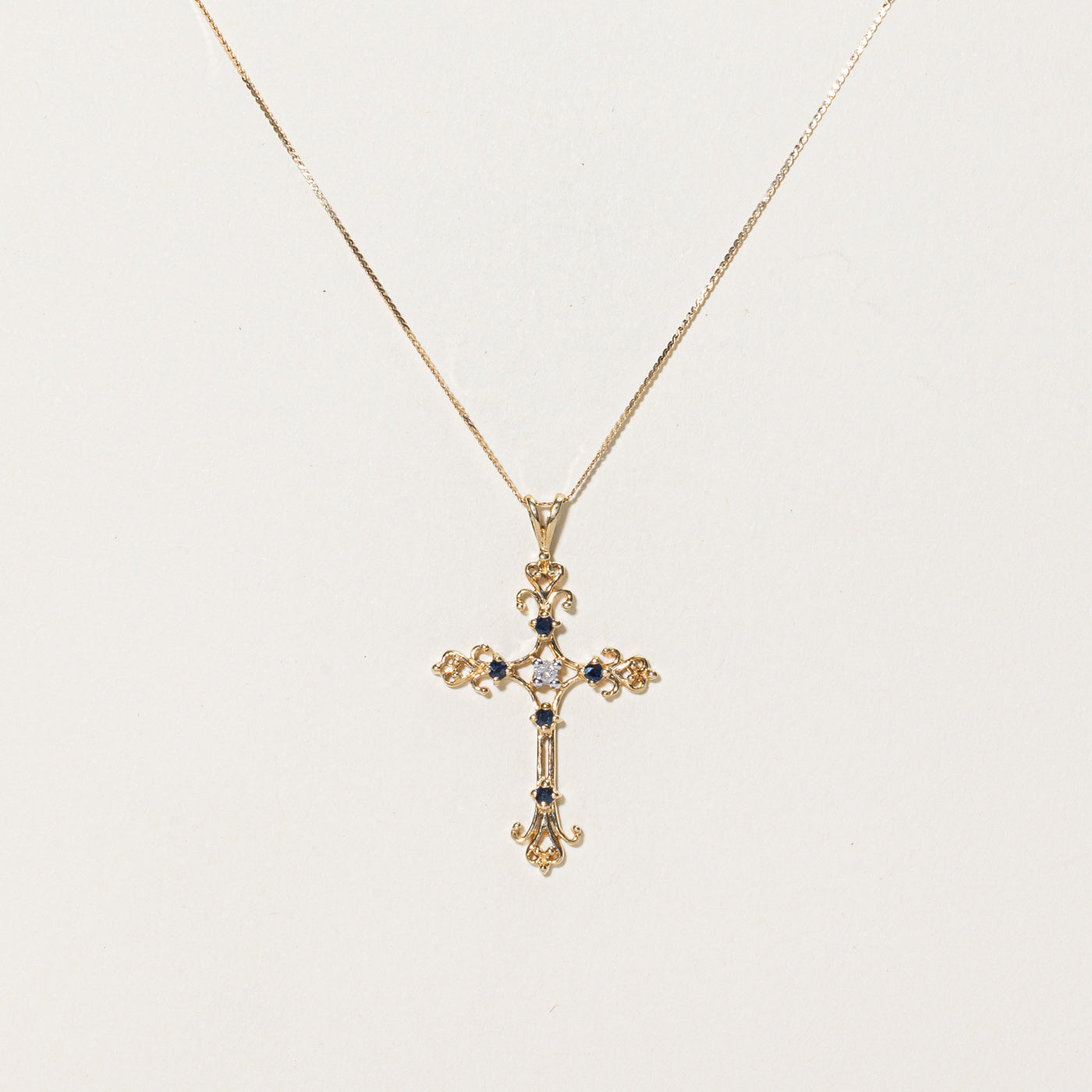 Sapphire Cross Pendant Necklace for Women - 0.15ctw Genuine Blue Sapphire & 0.04ct Diamond Accent - 16