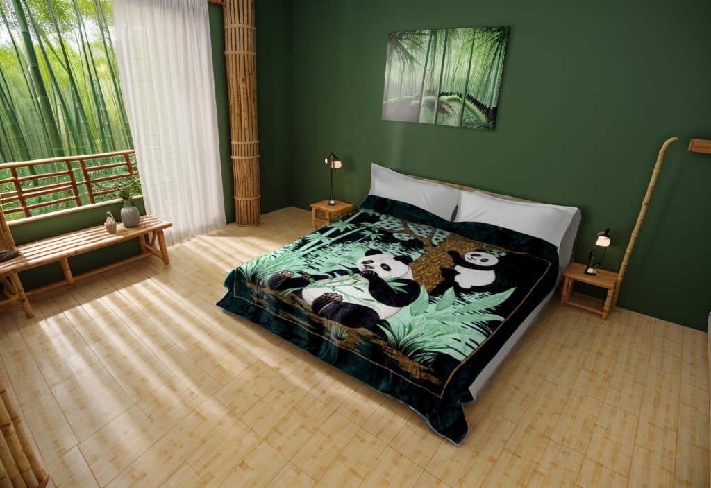 Premium Thick Mink Plush Blanket - Korean Style Queen Size Soft Cozy Throw (Green Pandas BM86) for Bed, Sofa, Couch & Home Decor