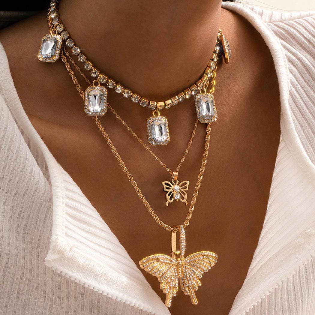 Vintage Butterfly Layered Necklace - Gold Crystal Choker with Sparkly Rhinestone Pendant for Women | Elegant Chain Jewelry Gift for Her | Perfect for Parties, Weddings & Date Nights