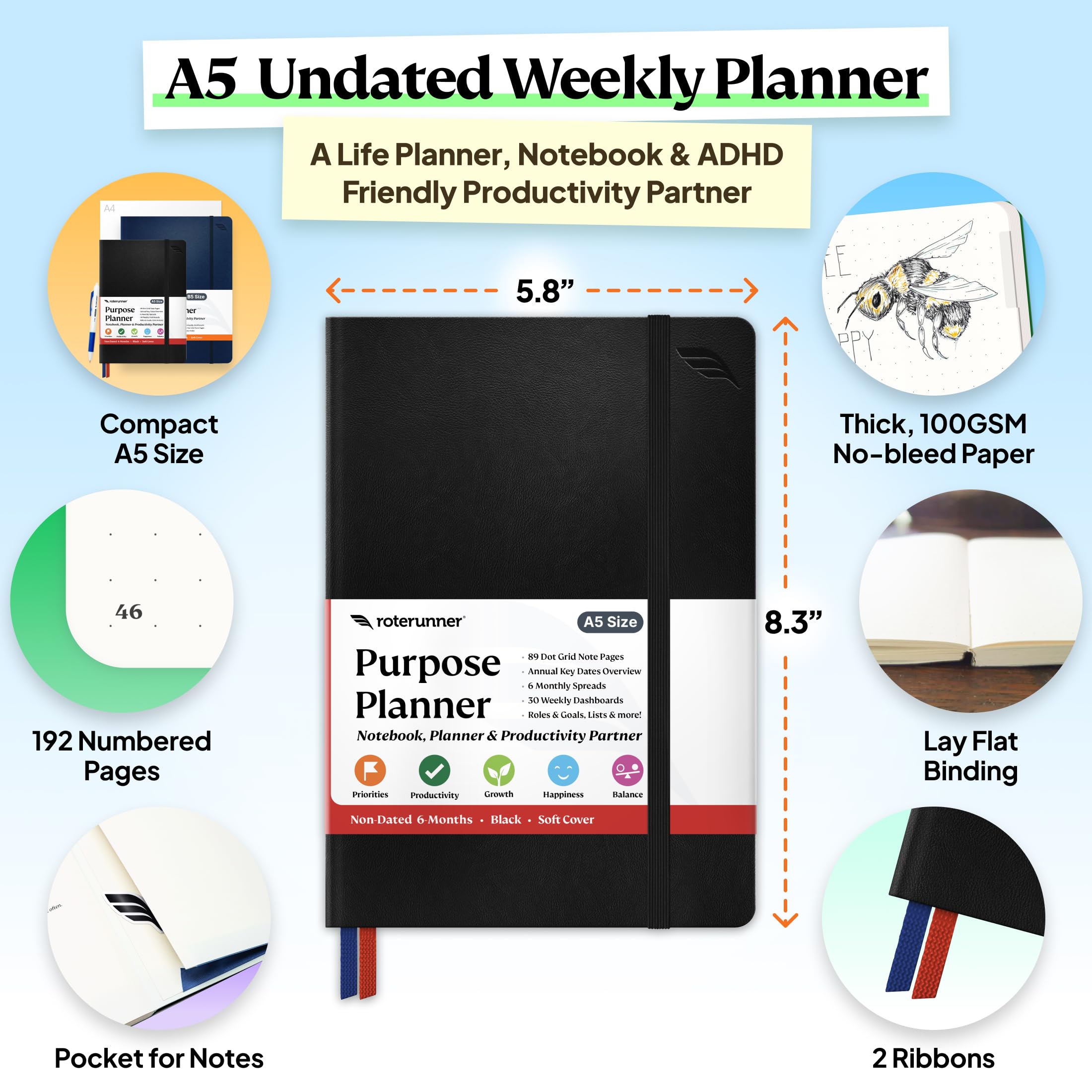 Roterunner A5 Purpose Planner Notebook - 5.8”x8.3” Undated Daily Weekly Monthly Productivity Organizer for Work, Home & ADHD - Self Care Journal & Goal Setting Tool (Black Hardcover) - Perfect for Office, School & Personal Planning
