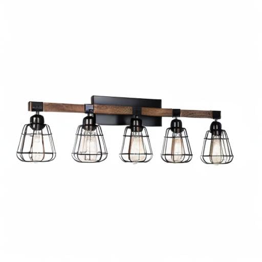 5-Light Modern Wall Sconce for Bathroom Vanity - Farmhouse Black Wood & Metal Cage Industrial Lighting - Perfect for Mirror Lighting, Powder Rooms, and Rustic Home Decor