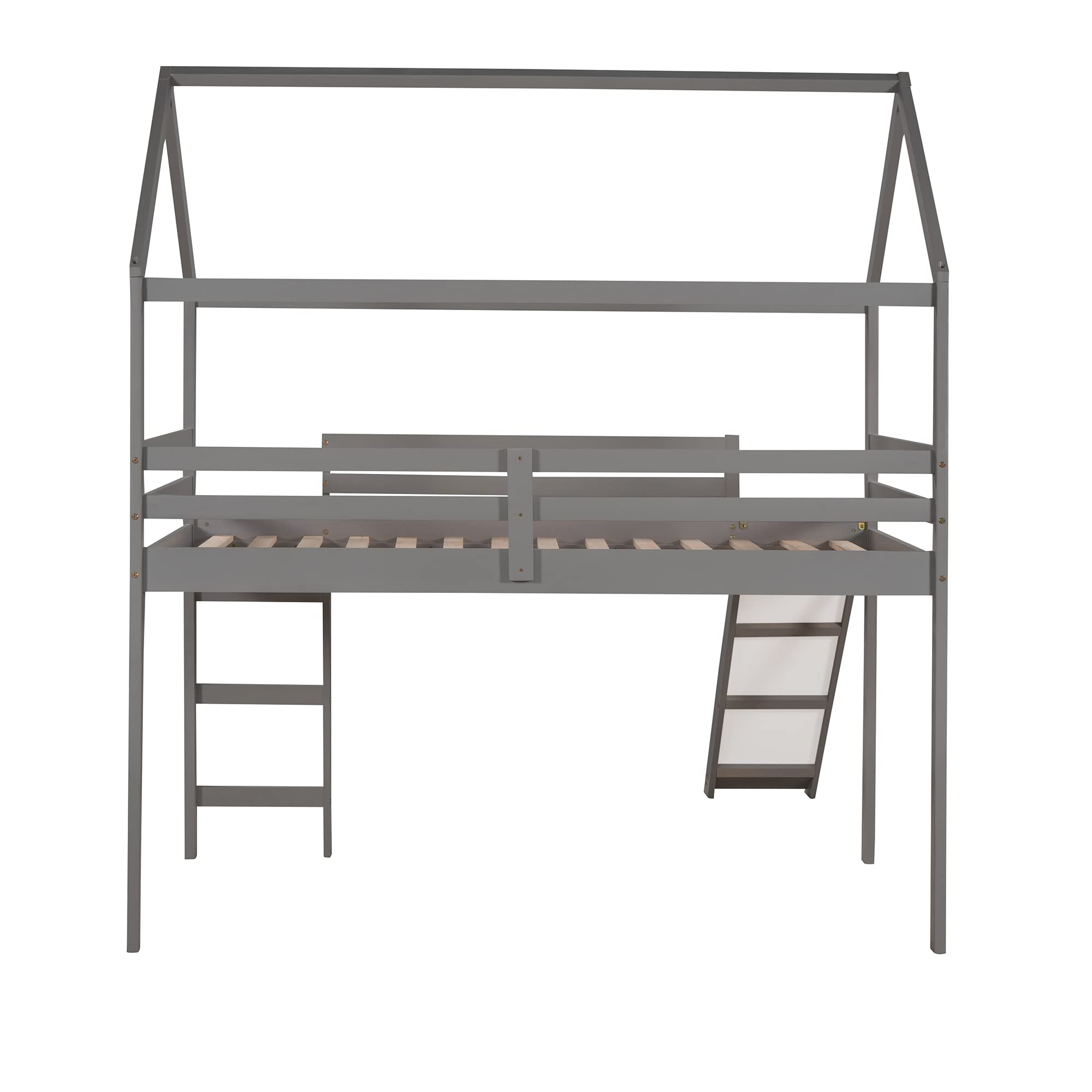 **Twin Size Wooden Tent Bed Frame with Roof & Slide - Kids Playhouse Loft Bed with Safety Fence, Nursery Furniture for Boys & Girls (Gray) - Perfect for Bedrooms, Playrooms & Montessori Learning Spaces**