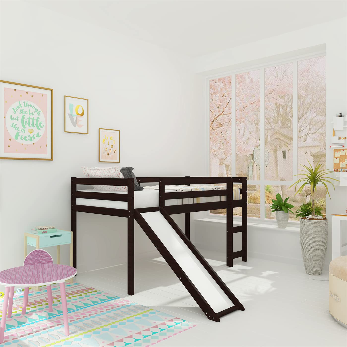 Twin Size Wood Loft Bed with Slide & Ladder - Low Loft Bed Frame with Safety Guardrail for Kids, Boys & Girls - Espresso Finish - Perfect for Small Bedrooms, Playrooms & Dorm Rooms
