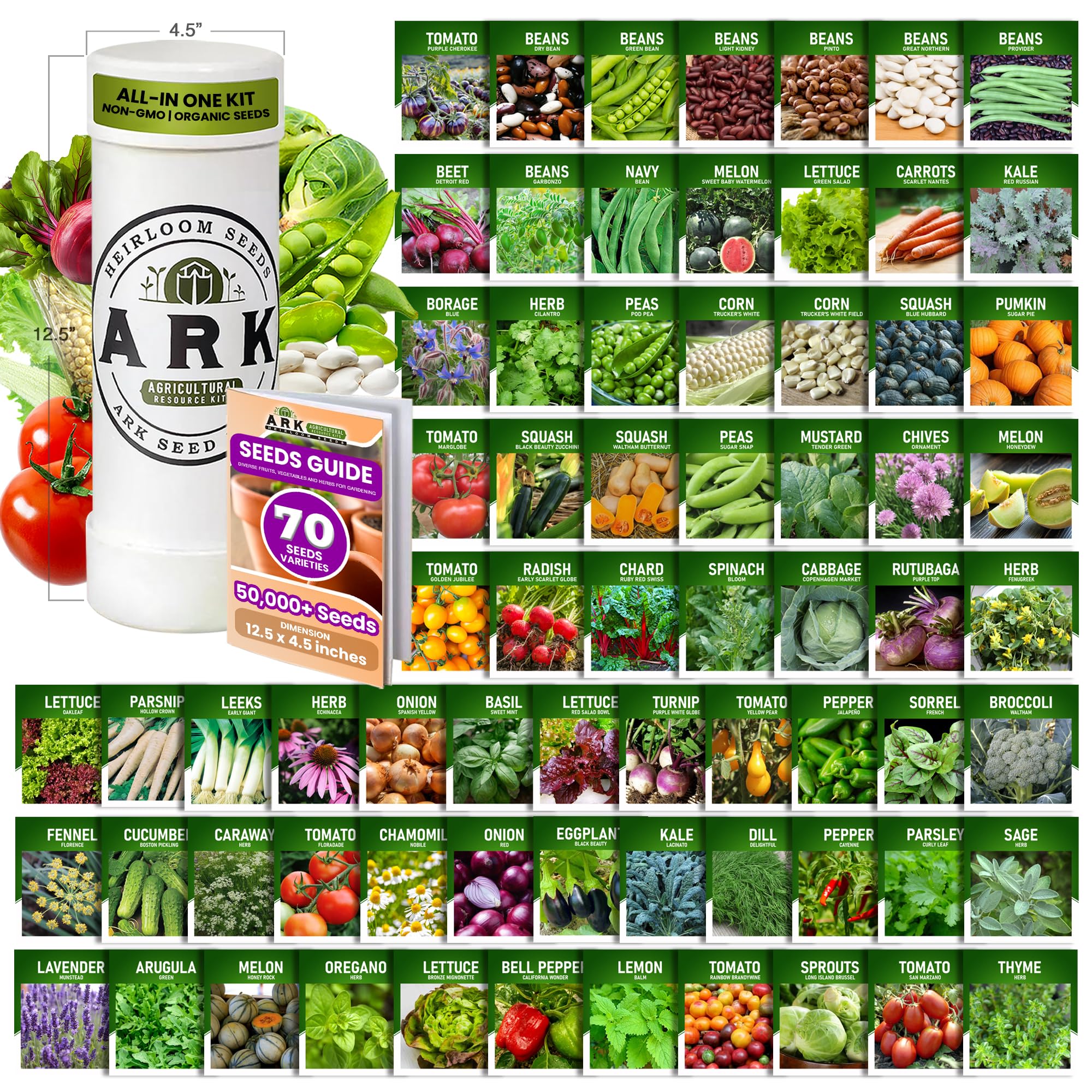 Organic Heirloom Seed Kit - 70+ Non-GMO Seed Varieties, 50,000+ Seeds for Home Gardening - Grow Fruits, Vegetables & Herbs - Includes Culinary & Medicinal Plants - Perfect for Backyard Farms, Urban Gardens & Sustainable Living