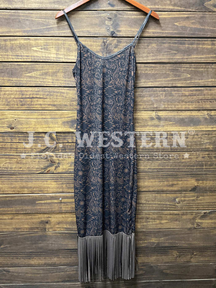 Lucky & Blessed DR039 TOL Women's Aztec Print Tooled Fringe Maxi Dress with Spaghetti Straps - Black Boho Chic Dress for Festivals, Beach Vacations & Summer Parties