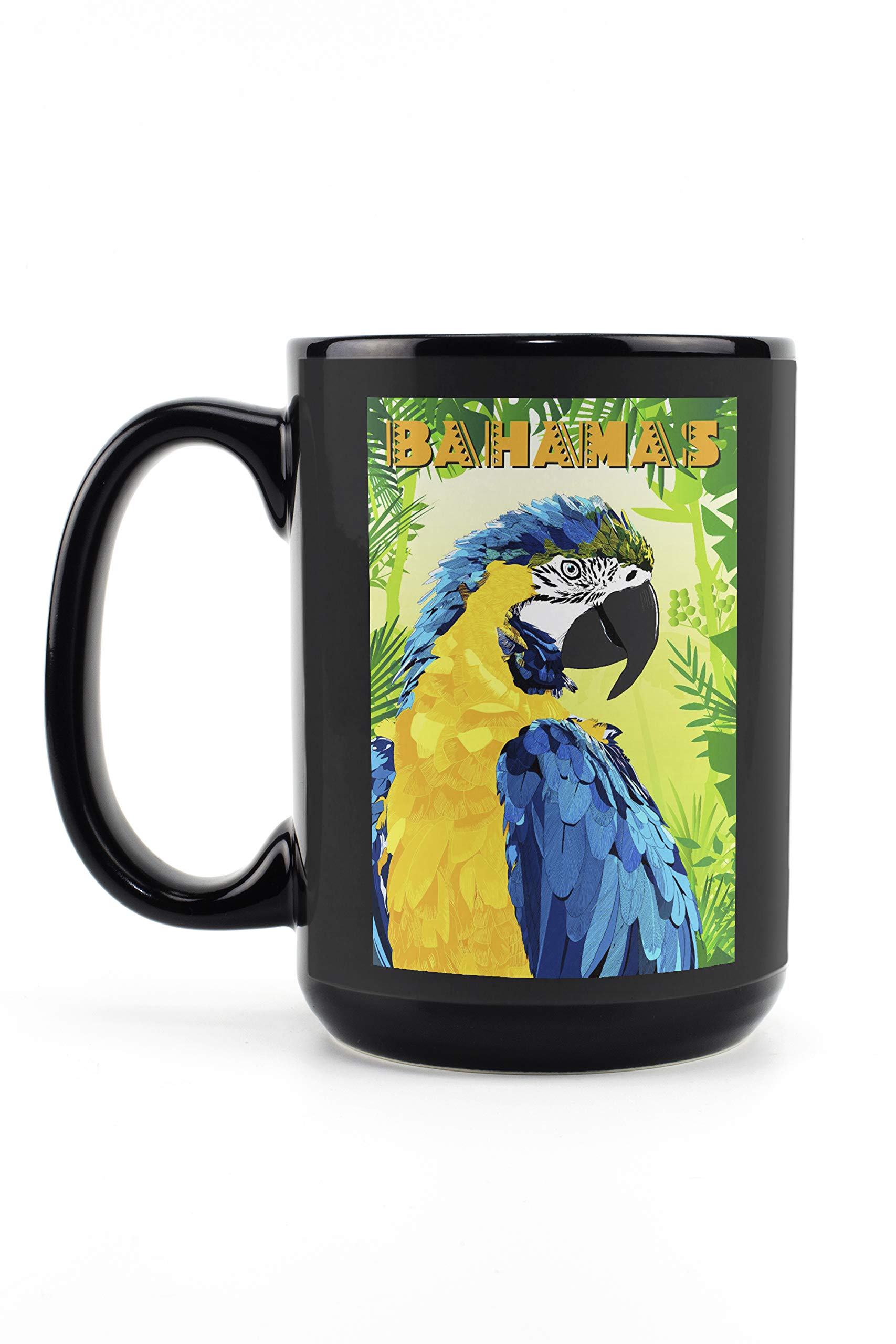 Lantern Press Bahamas Macaw in Jungle Scene Vector Geometric Mug - 15oz Black Ceramic Coffee & Tea Cup | Dishwasher & Microwave Safe | Perfect for Home, Office & Outdoor Use
