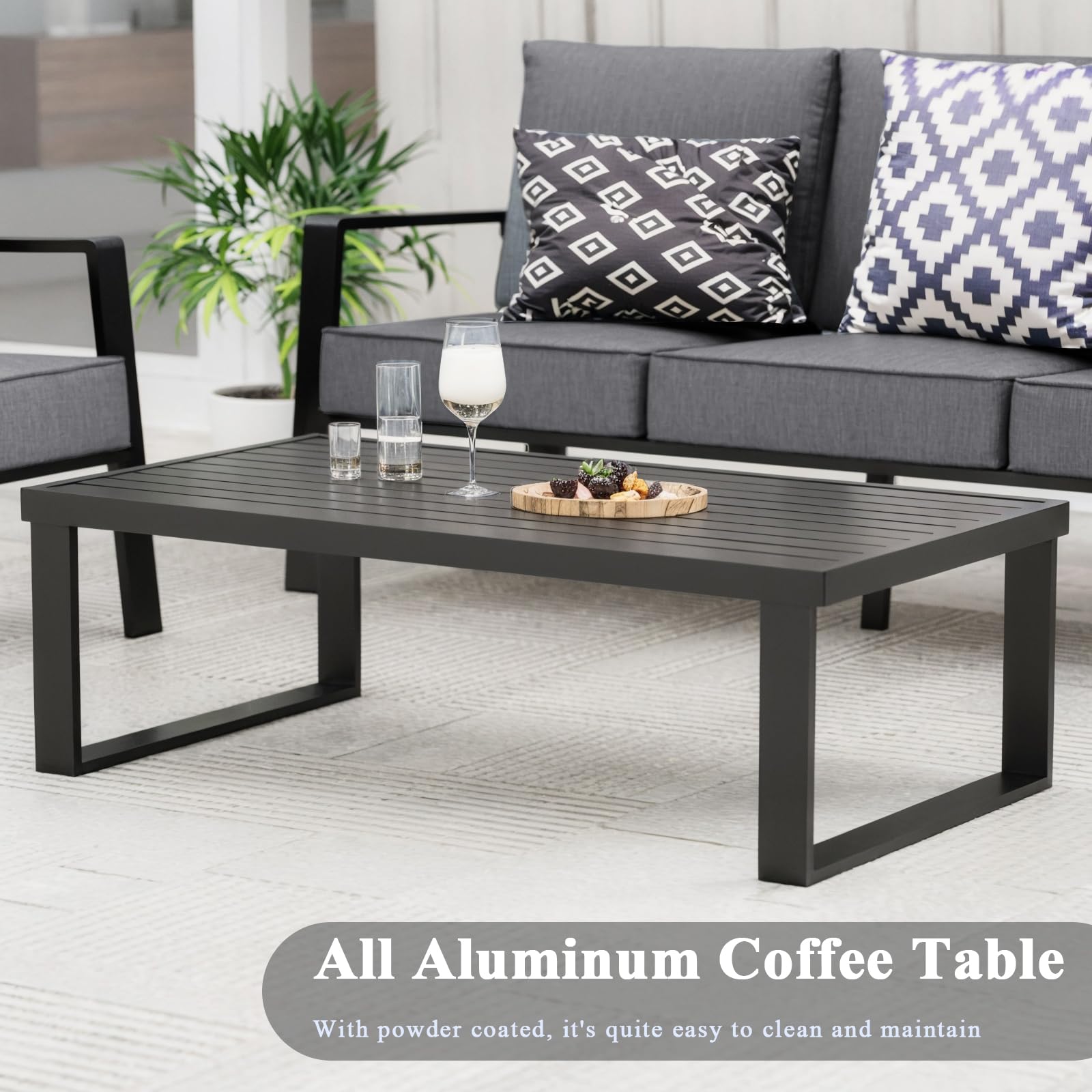 **Dark Grey Aluminum Outdoor Loveseat - Oversized All-Weather Patio Couch with Coffee Table, Modern Metal Furniture Set for Garden, Poolside & Backyard Relaxation**