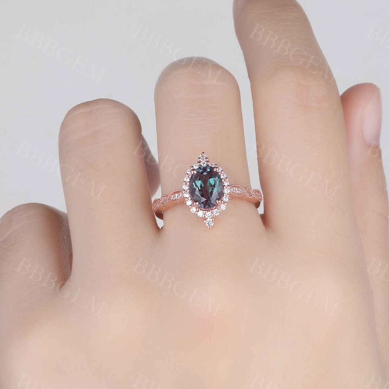 Alexandrite Ring 14K Rose Gold Vintage Engagement Ring with Halo Diamond Wedding Band for Women | Perfect for Promise, Anniversary & Bridal Jewelry Gifts