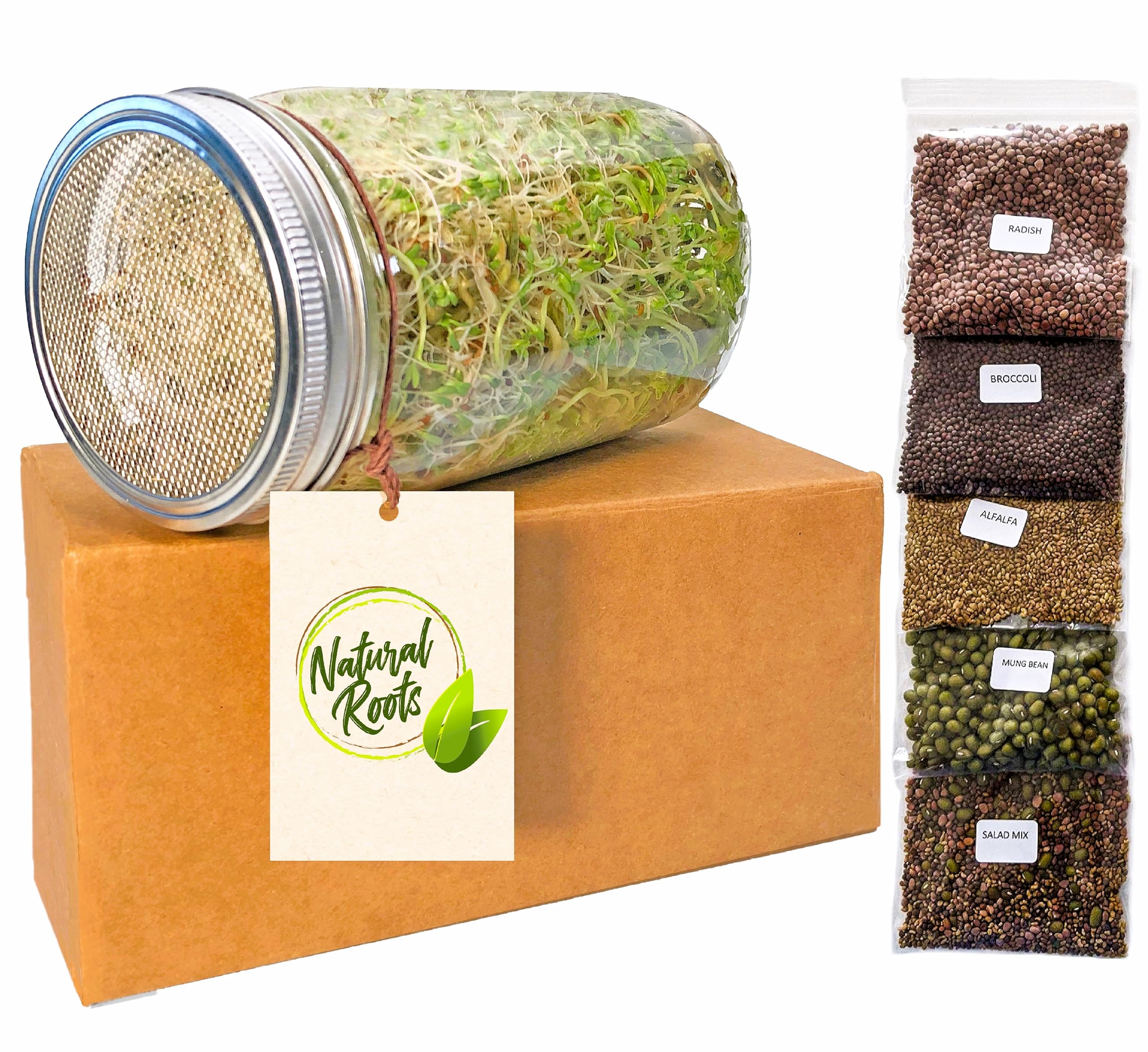 Organic Sprouting Jar Kit with 5 Non-GMO Seed Varieties - Broccoli, Alfalfa, Radish, Mung Beans & Salad Mix for 32oz Mason Jars | Perfect for Home Gardening, Healthy Snacks & Vegan Cooking