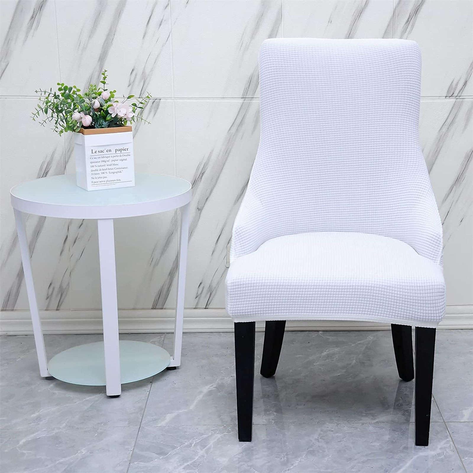 Stretch Wingback Chair Slipcover Set of 2 - Soft Plaid Dining Room & Bedroom Chair Protector Covers for Kids - White | Perfect for Home Decor, Furniture Protection & Daily Use