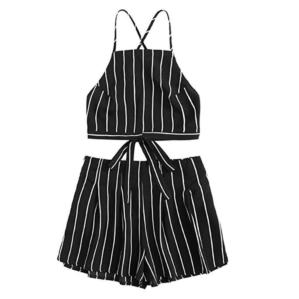 Women's 2 Piece Outfits - Halter Sleeveless Bandage Crop Cami Top with Shorts, Summer Jumpsuits | Sexy Casual Wear for Beach, Party & Vacation | Trendy Two-Piece Set for Women