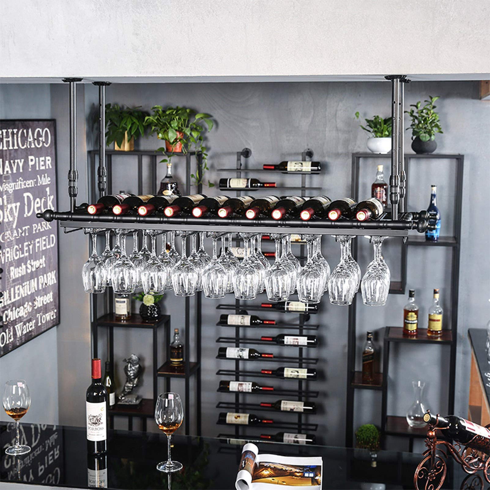Adjustable Height Ceiling Mounted Floating Wine Rack - Bar Shelf with Glasses Holder for Wine Bottles Storage - Perfect for Restaurants, Cafes & Home Bars (Black)