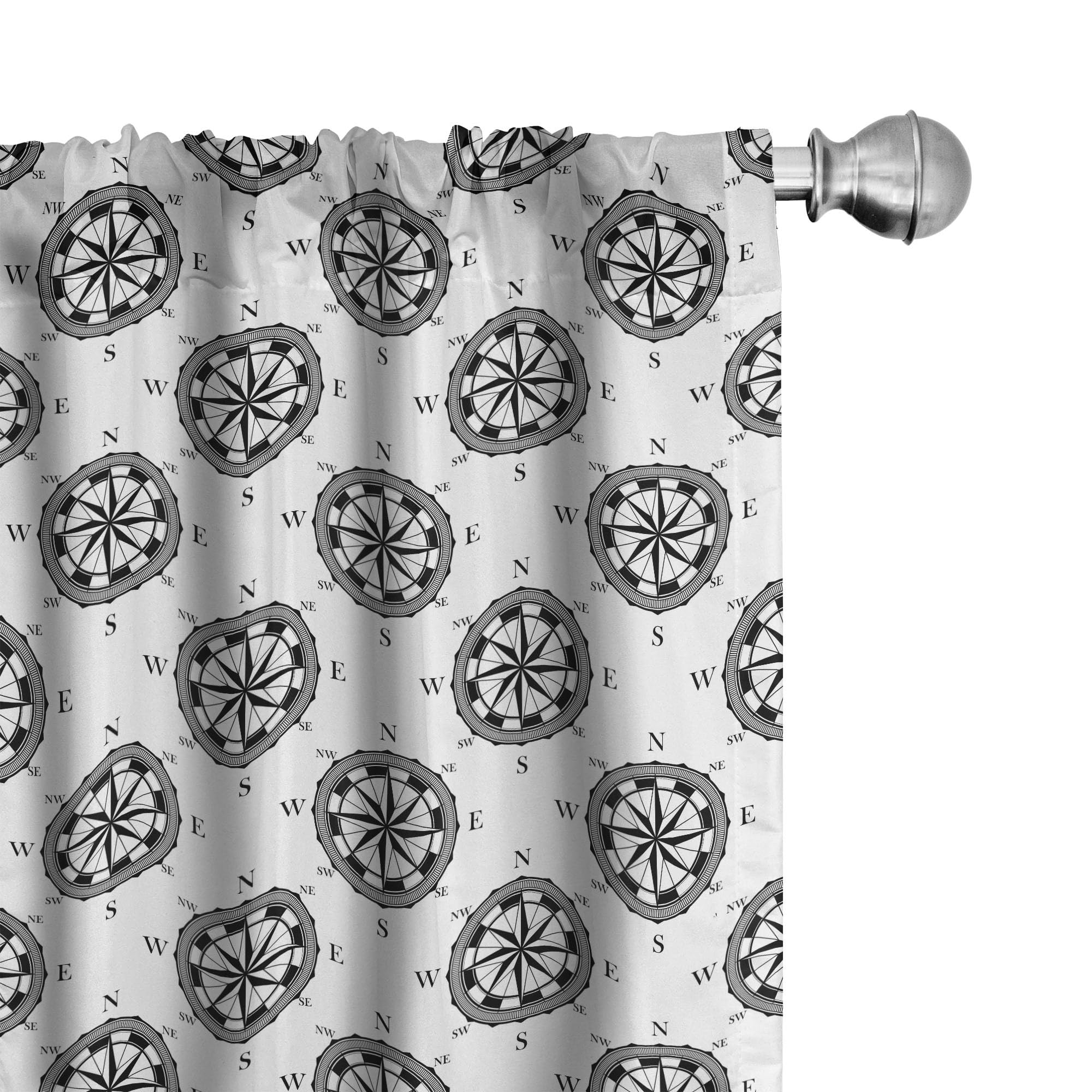Ambesonne Compass Window Curtains - Black & White Ocean Adventure Theme, Lightweight 2-Panel Set with Rod Pocket (28x84 inches) | Perfect for Living Room, Bedroom & Nautical Decor