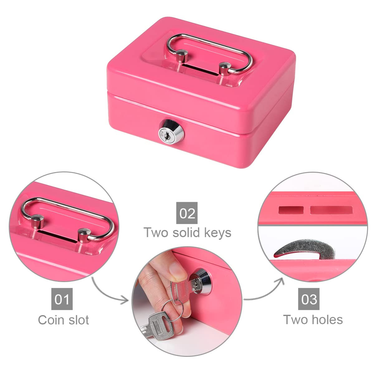 Small Cash Box with Lock & Slot - Decaller Locking Metal Money Box for Adults & Kids - Secure Coin Piggy Bank for Home, Office, or Retail Use