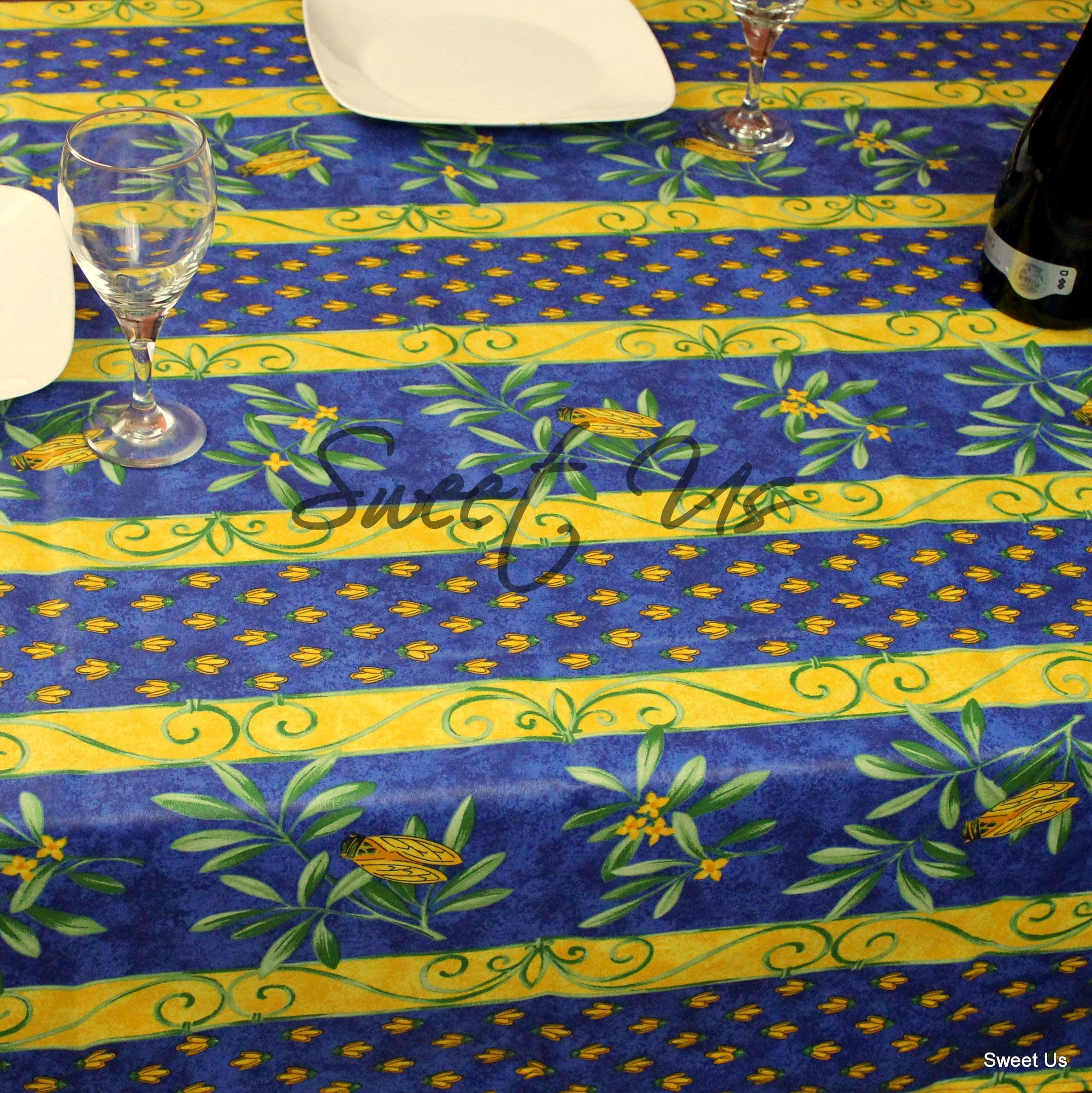 La Cigale Royal Bee Spill-Resistant Wipeable Tablecloth - Floral French Provencal Cotton with Acrylic Coating, 60 x 78 Inch Rectangle Table Cover for Indoor & Outdoor Use | Perfect for Dining Rooms, Patios, Picnics & Special Events (Blue)