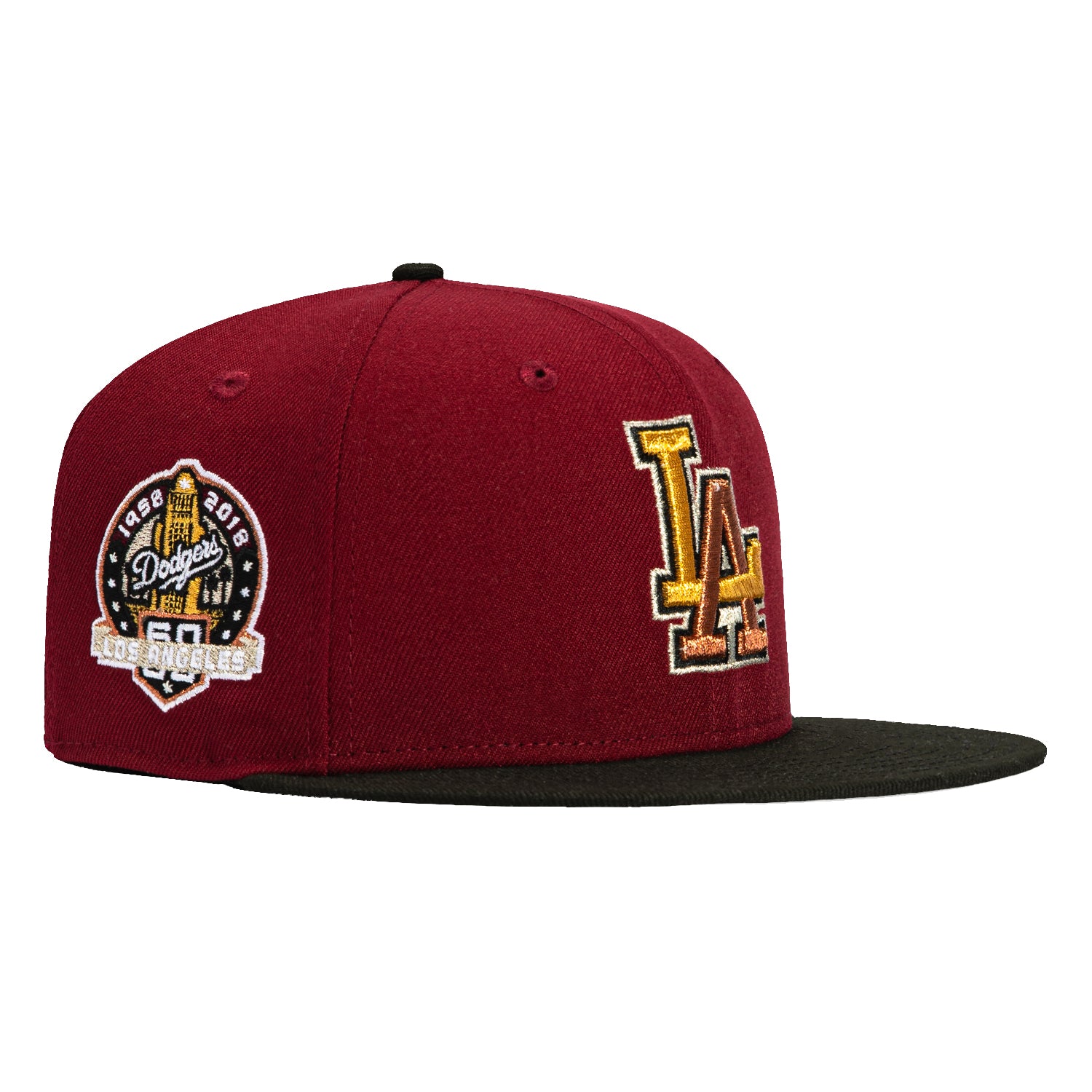New Era 59Fifty Los Angeles Dodgers 60th Anniversary Patch Snapback Hat - Cardinal/Black/Metallic Gold/Copper - Official MLB Baseball Cap for Men & Women - Perfect for Games, Collecting & Streetwear Fashion