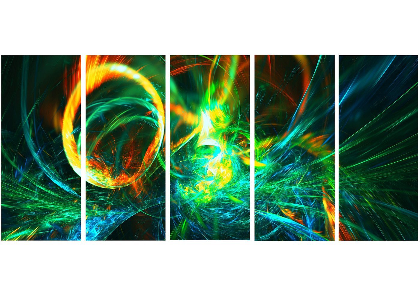 Designart Fire Green Abstract Metal Wall Art - 5 Panel Modern Canvas Painting - 60x28 Inches - Contemporary Home Decor for Living Room, Bedroom & Office - MT3025