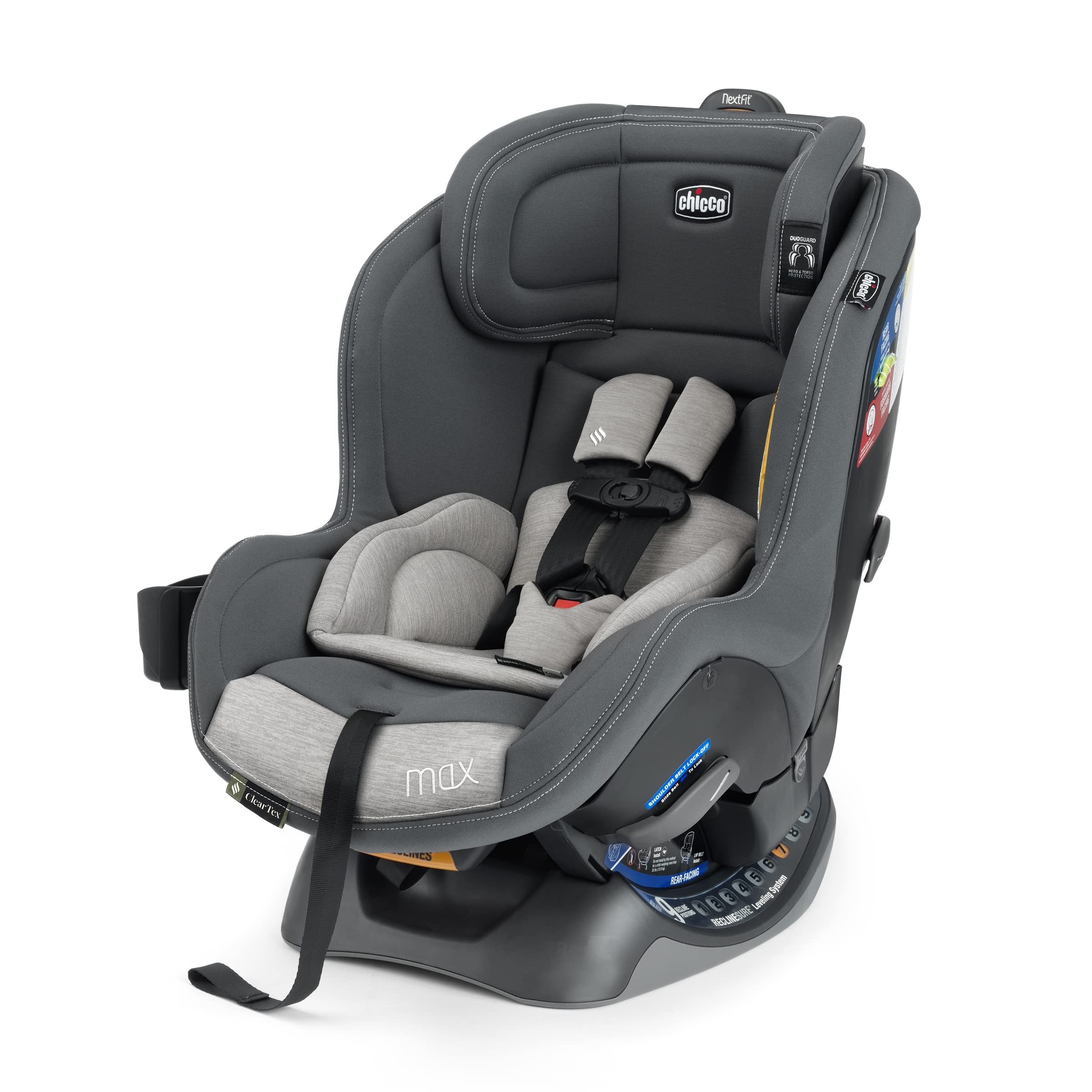 Chicco NextFit Max ClearTex Convertible Car Seat – Rear-Facing for Infants 5-40 lbs & Forward-Facing for Toddlers 22-65 lbs | Safe & Comfortable Baby Travel Gear | Cove/Grey | Perfect for Road Trips, Daily Commutes & Airplane Travel