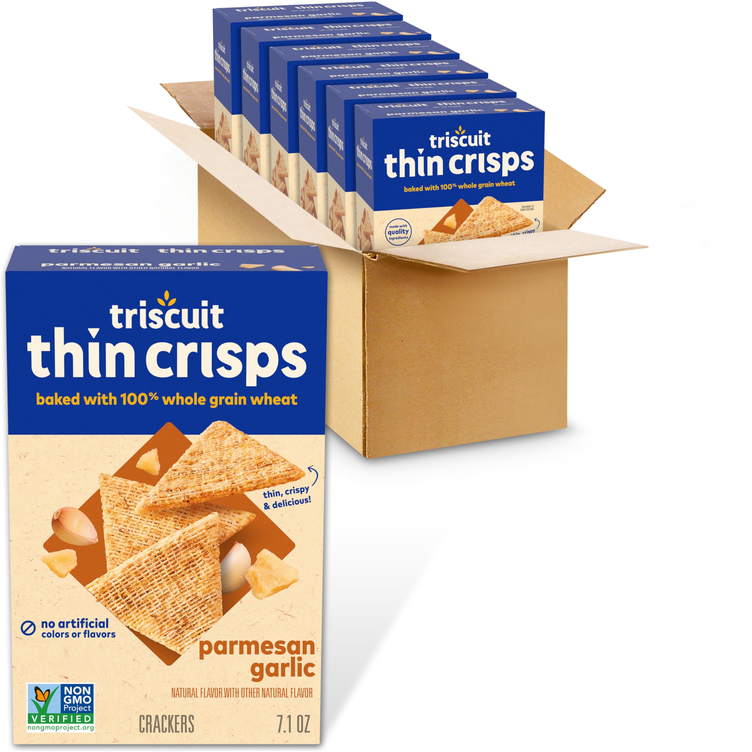 Triscuit Thin Crisps Parmesan Garlic Whole Grain Wheat Crackers - Healthy Lunch Snacks, Bulk Pack of 6 (7.1 oz Each) - Perfect for Office, School, Picnics & Party Platters