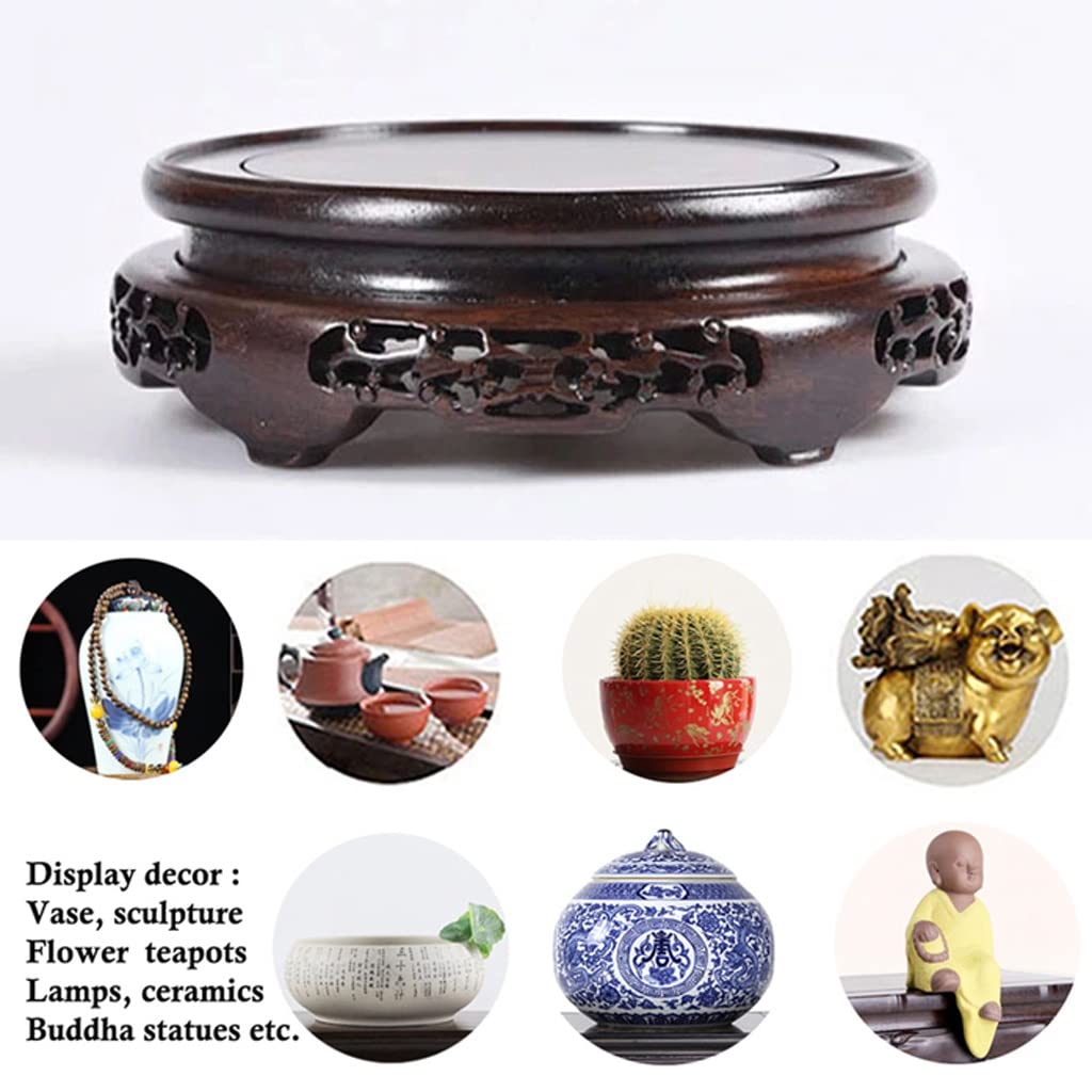 Handcrafted Wooden Round Base Vase Stand - Oriental Display Stand for Lamps, Teapots & Plants - Non-Rotatable Stable Home Decor (Brown, Size XS) | Perfect for Boho Home Decor, Tea Ceremonies & Shelf Displays