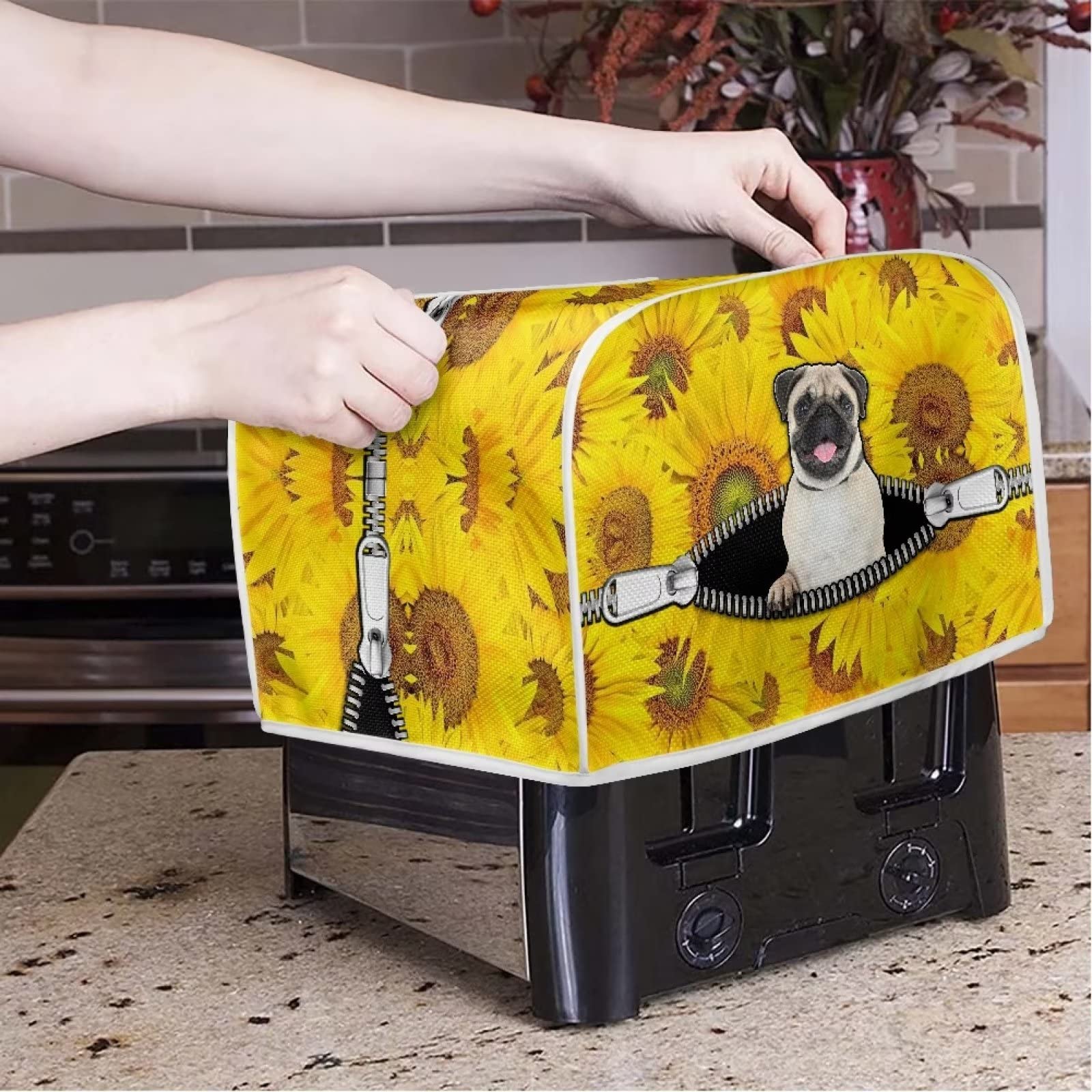 Pug Dog Print 4-Slice Toaster Cover - Dust Protection & Washable Kitchen Appliance Cover | Sunflower Zippered Bread Maker Cover for Toaster Oven | Cute Pet-Themed Kitchen Accessories for Home & Gift Use