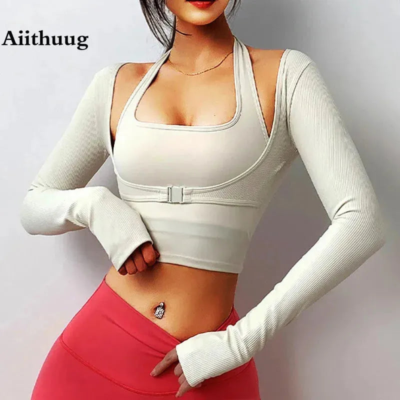 AIITHUUG Women's Long Sleeve Padded Yoga Shirt - Fake Two Piece Workout Top with Underbust Fastener for Gym, Fitness & Yoga | Sexy & Comfortable Activewear for Women