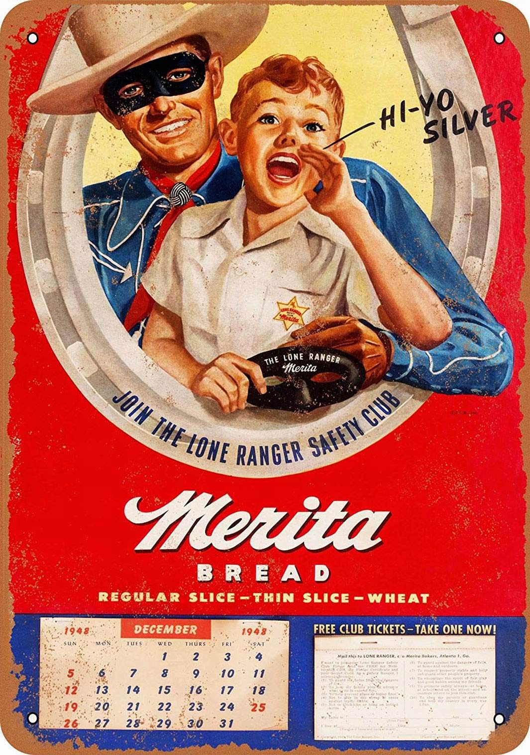Vintage Lone Ranger Merita Bread 8x12 Inch Metal Sign - Retro Wall Art for Home, Bar, Cafe & Man Cave Decor - Rustic Tin Sign for Western & Cowboy Themed Rooms