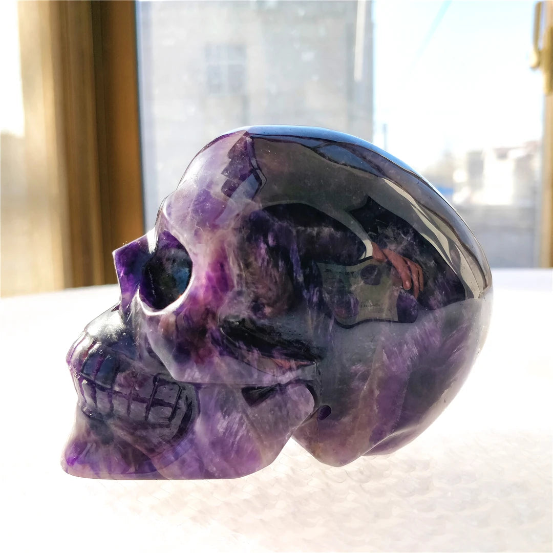 Premium Natural Brazilian Amethyst Hand-Carved Skull - Healing Crystal Stone for Meditation, Reiki & Spiritual Decor - Unique Folk Art Gift for Collectors & Home Decor