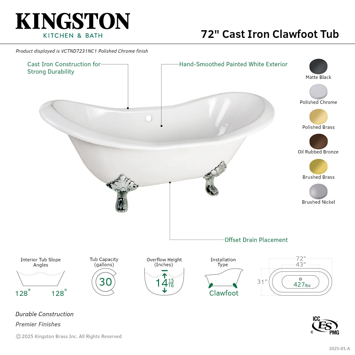 72 Inch White Cast Iron Clawfoot Bathtub - Oval Double Slipper Design with Oil Rubbed Bronze Feet | Vintage Freestanding Soaking Tub for Bathroom Remodel & Spa Relaxation