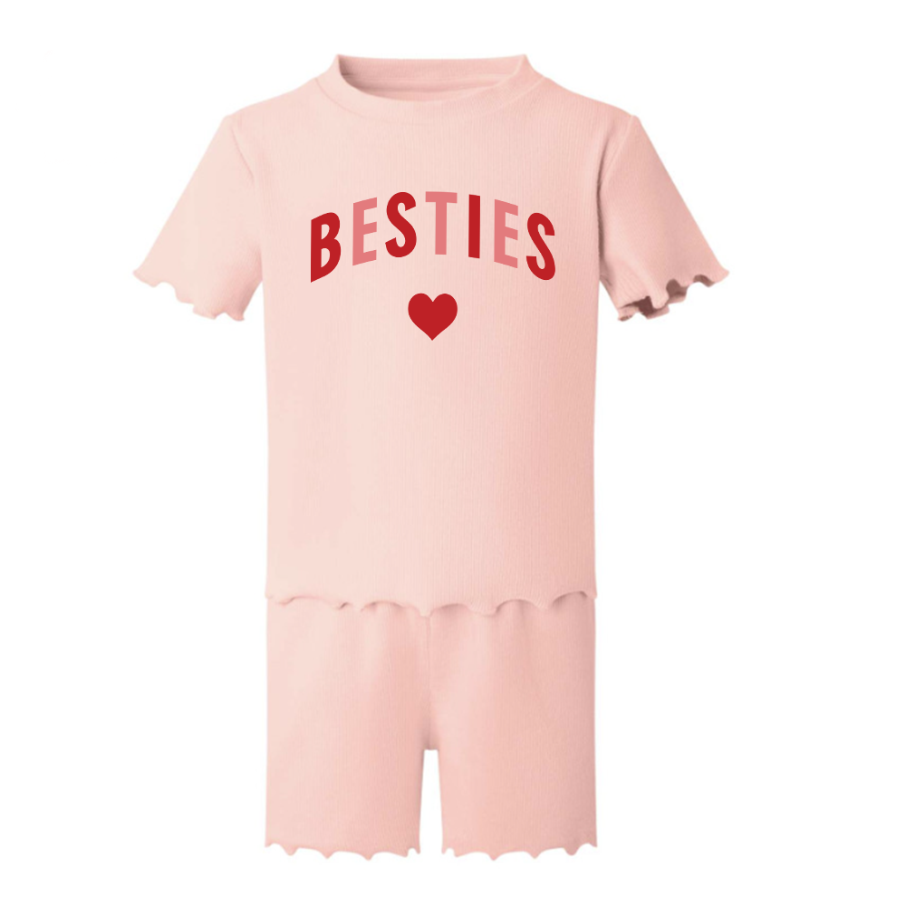 Besties Love Hearts Rib T-Shirt & Short Set - Matching Outfits for Couples, BFFs, and Sisters - Perfect for Valentine's Day, Friendship Day, and Casual Wear