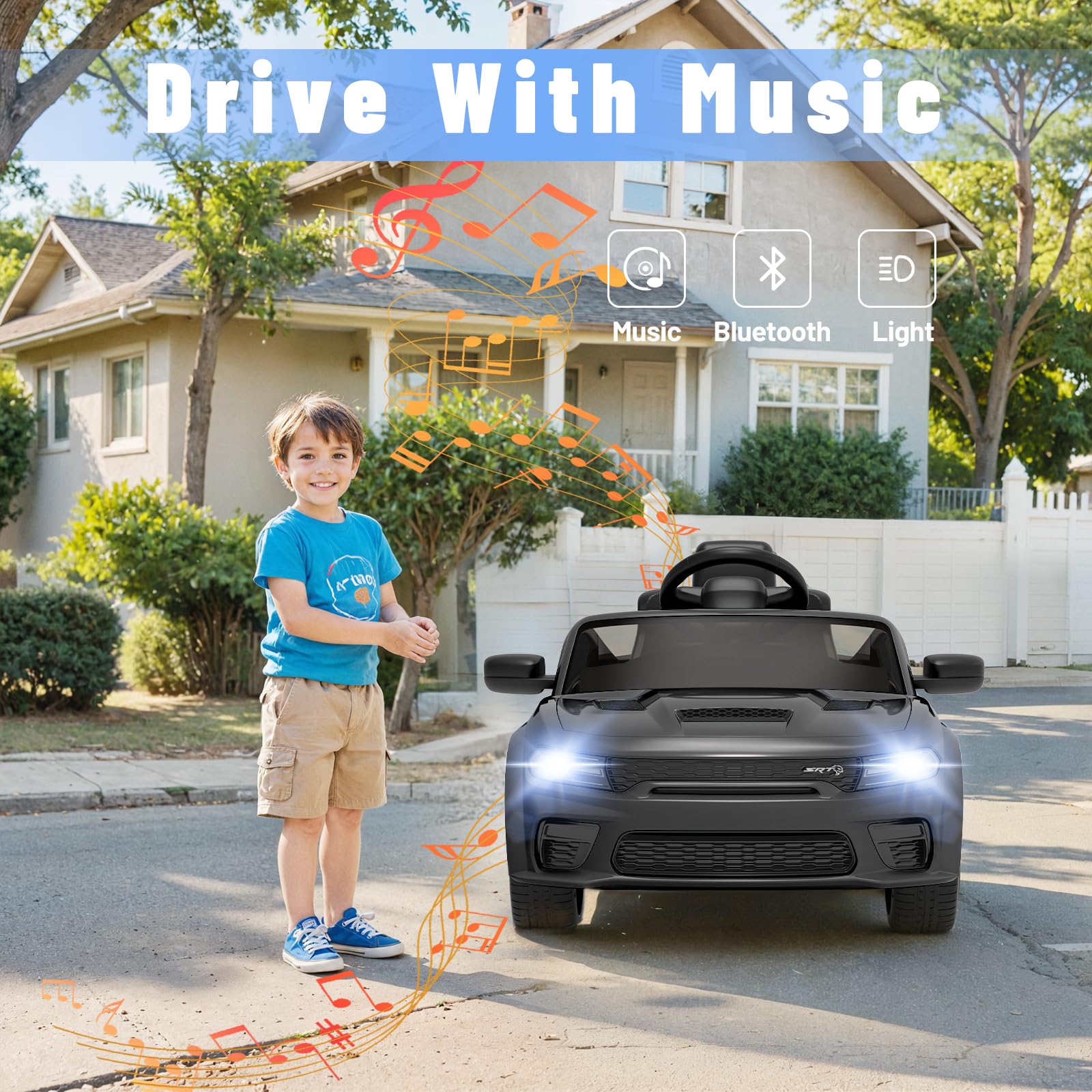 12V Licensed Dodge Charger Kids Electric Ride-On Car with Remote Control - 3 Speed, Suspension System, LED Lights, MP3 & Bluetooth - Black - Perfect for Birthday Gifts, Outdoor Play & Backyard Fun