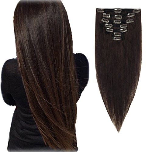Focussexy 7-Piece Clip-In Human Hair Extensions - Thick & Silky Straight Remy Hair for Full Head Volume - Perfect for Parties, Weddings & Everyday Styling