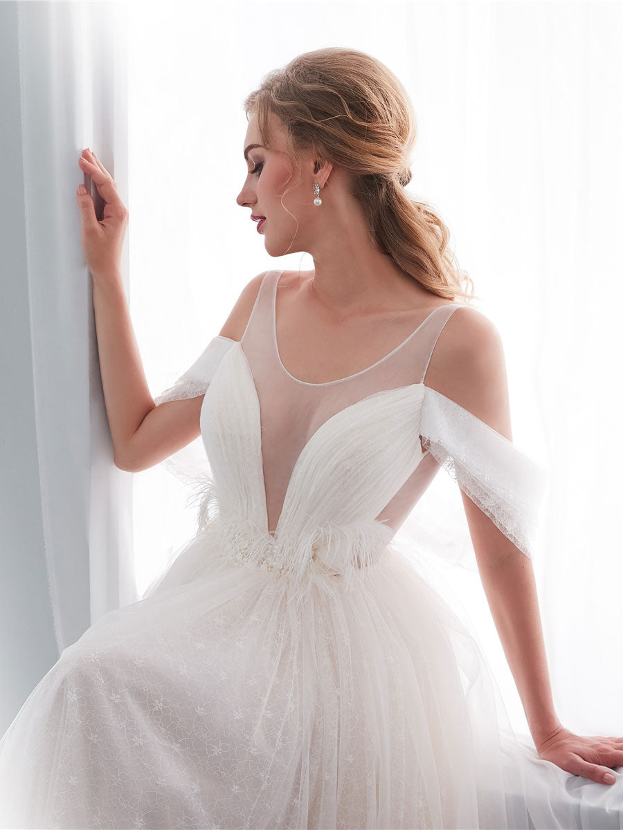 Elegant Light Champagne Tulle Lace Long Beach Wedding Dress for Bride - Perfect for Beach Weddings, Vow Renewals & Romantic Photoshoots