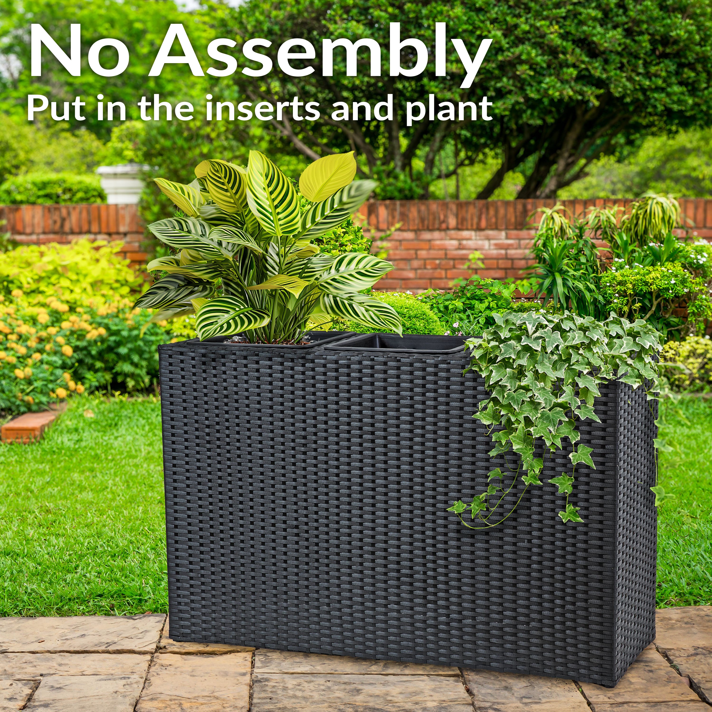 Sunnydaze 3-Section Black Wicker Planter Box for Indoor Outdoor Garden, Patio, Balcony Decor - Perfect for Flowers, Herbs, and Plants