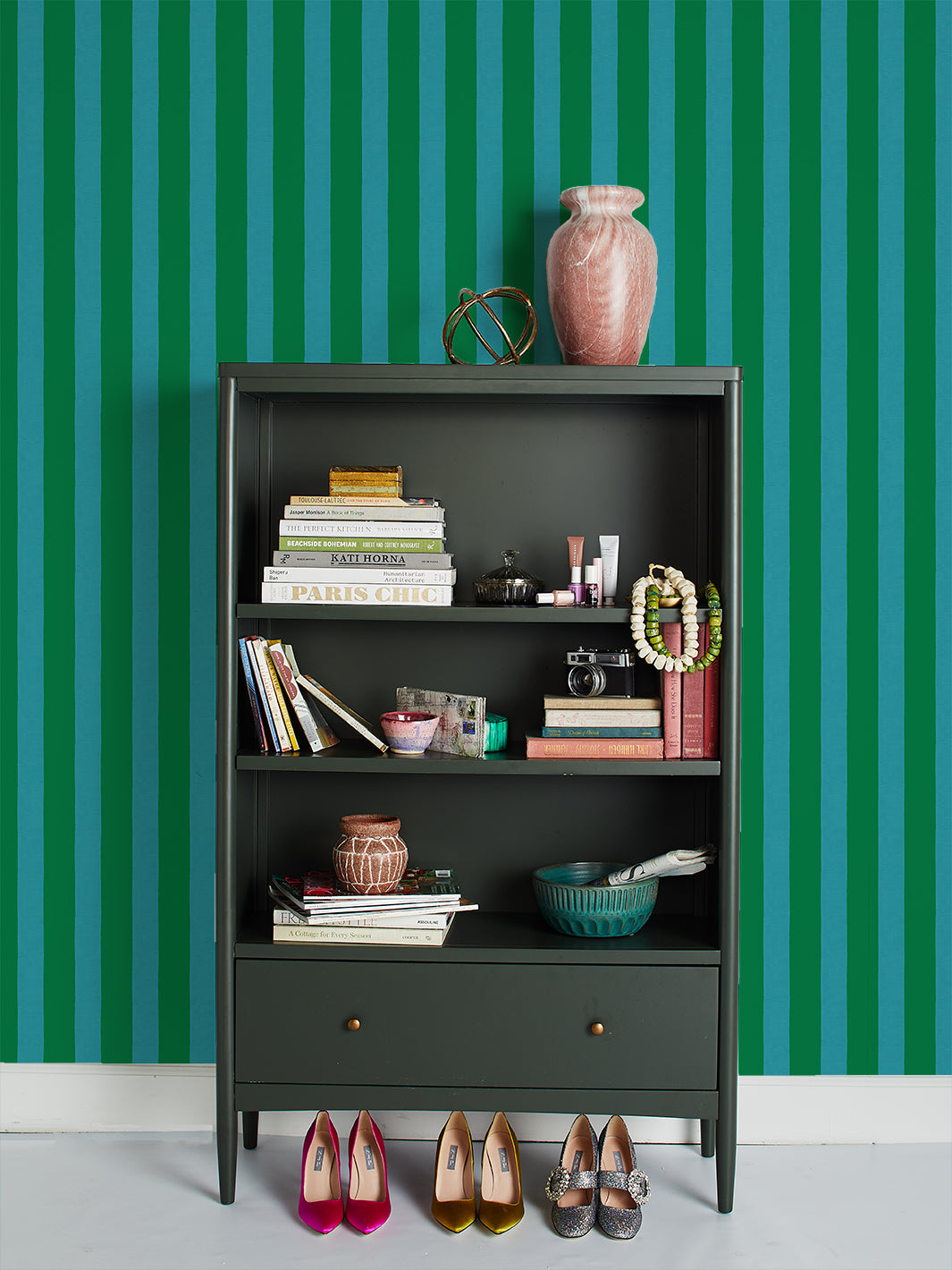 Sarah Jessica Parker 'Grosgrain Stripe' Wallpaper - Emerald Peacock Design | Premium Peel & Stick Wallpaper for Living Room, Bedroom & Home Office Decor