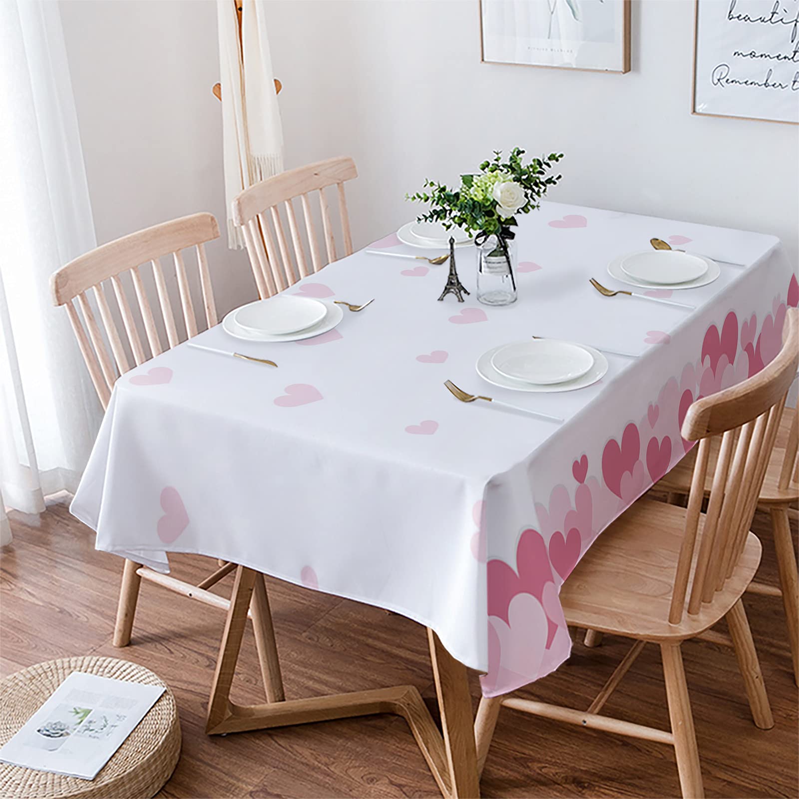 Valentine's Day Tablecloth 60x120 Inch Waterproof Spillproof Polyester Table Cover for Dining Tables - Romantic Pink Heart Design for Indoor Outdoor Parties, Gatherings & Romantic Dinners