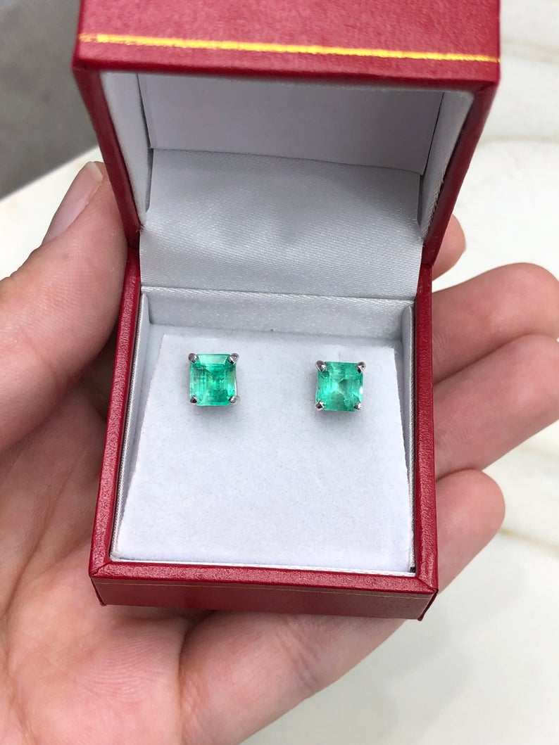 2.75tcw Asscher Cut Emerald Stud Earrings in 14K White Gold - Floral Inspired Design for Weddings, Parties & Special Occasions
